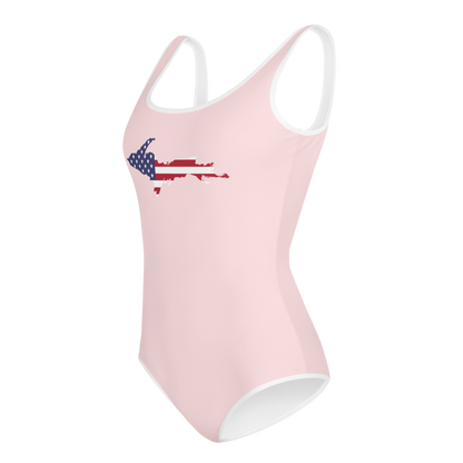 Michigan Upper Peninsula Youth Swimsuit (w/ UP USA Flag) | Pale Pink