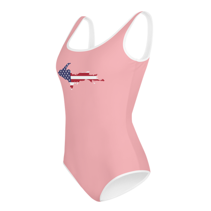 Michigan Upper Peninsula Youth Swimsuit (w/ UP Outline) | Strawberry Pink