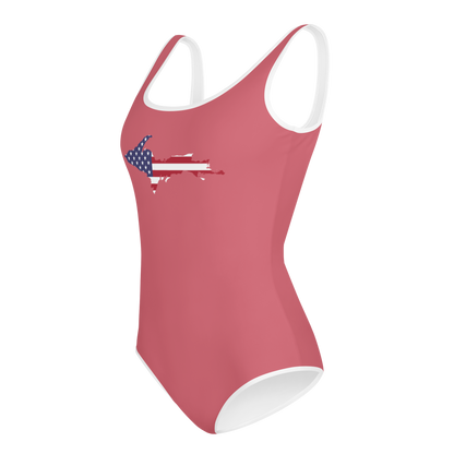 Michigan Upper Peninsula Youth Swimsuit (w/ UP Outline) | Watermelon Pink