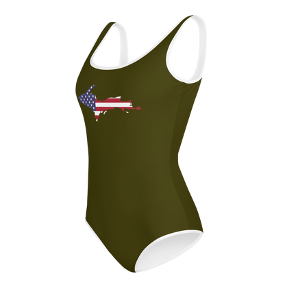 Michigan Upper Peninsula Youth Swimsuit (w/ UP Outline) | Military Green