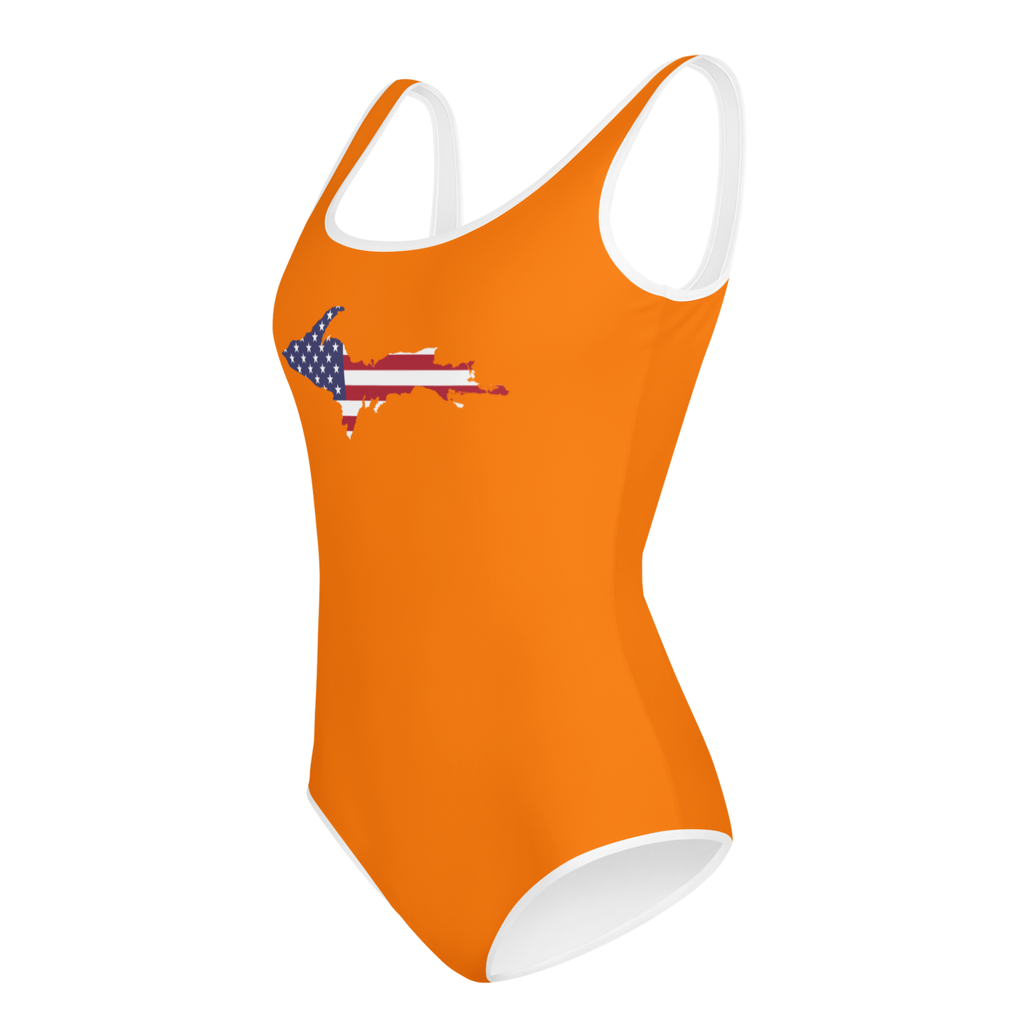 Michigan Upper Peninsula Youth Swimsuit (w/ UP Outline) | Safety Orange