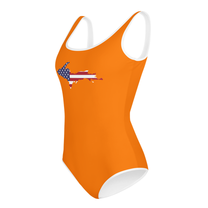 Michigan Upper Peninsula Youth Swimsuit (w/ UP Outline) | Safety Orange