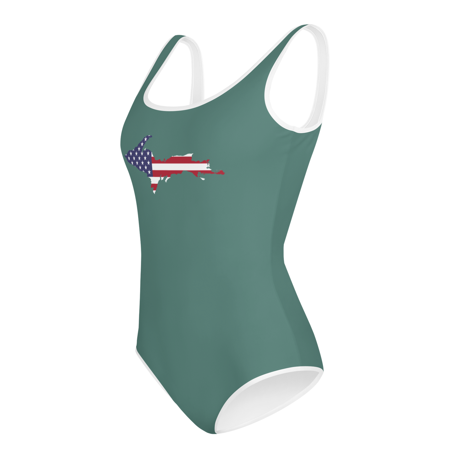 Michigan Upper Peninsula Youth Swimsuit (w/ UP Outline) | Copper Green