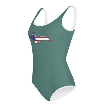 Michigan Upper Peninsula Youth Swimsuit (w/ UP Outline) | Copper Green