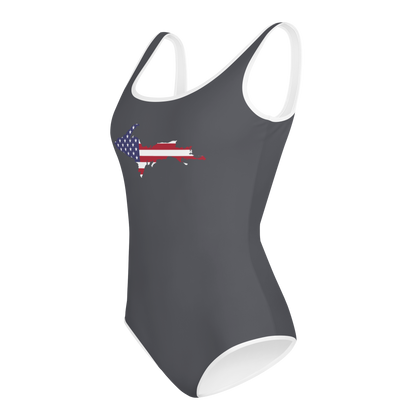 Michigan Upper Peninsula Youth Swimsuit (w/ UP Outline) | Iron Ore Grey