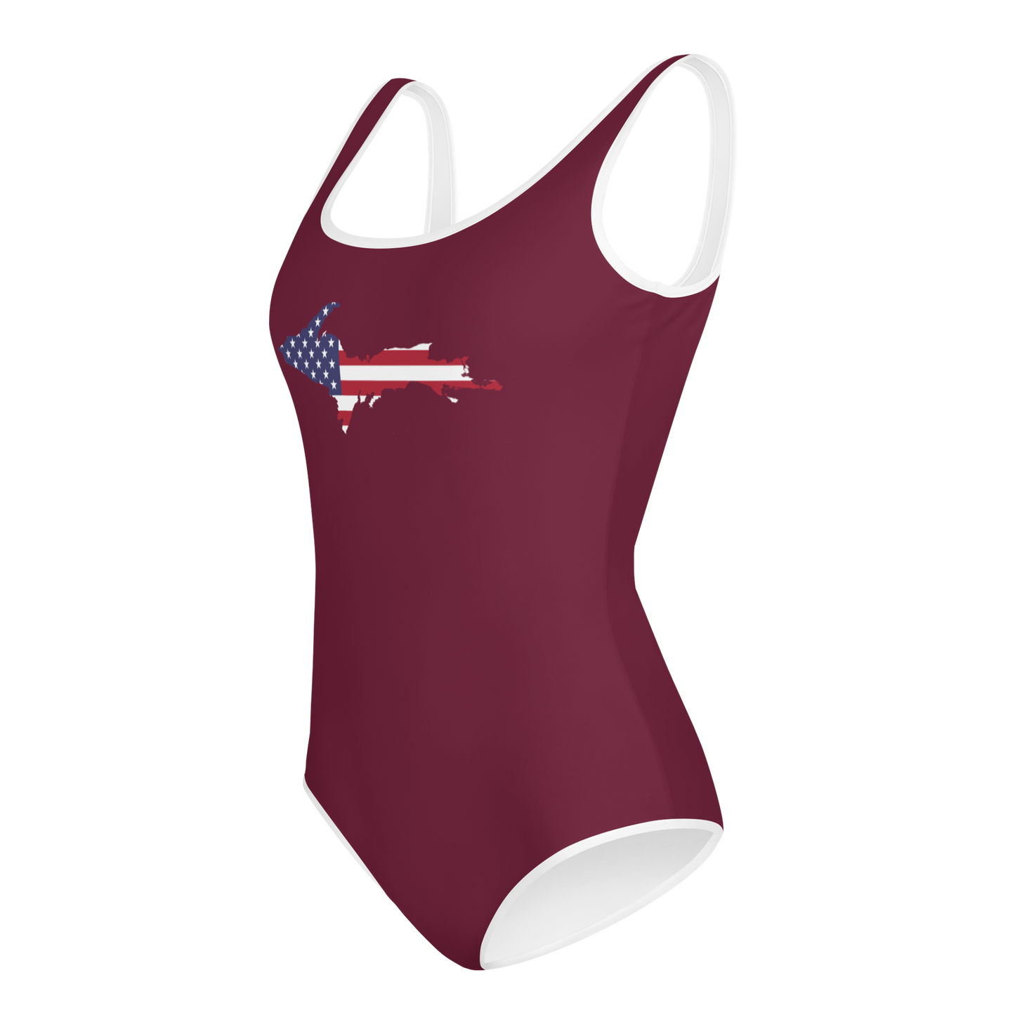 Michigan Upper Peninsula Youth Swimsuit (w/ UP Outline) | Old Mission Burgundy