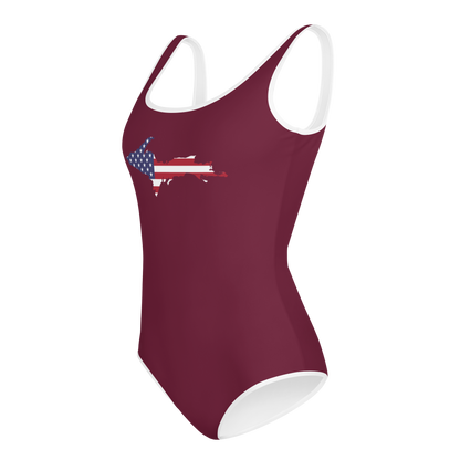 Michigan Upper Peninsula Youth Swimsuit (w/ UP Outline) | Old Mission Burgundy