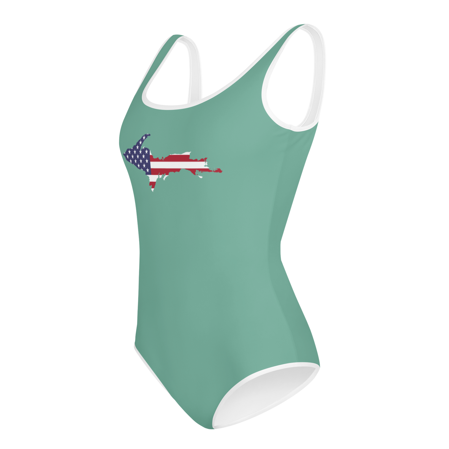 Michigan Upper Peninsula Youth Swimsuit (w/ UP Outline) | Metallic Mint Green