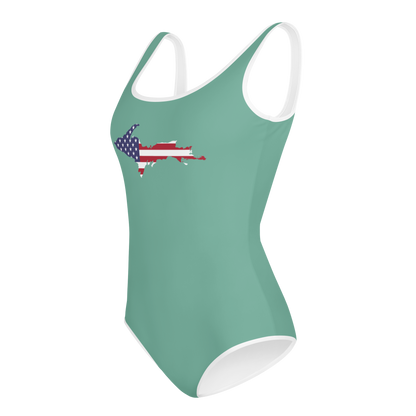 Michigan Upper Peninsula Youth Swimsuit (w/ UP Outline) | Metallic Mint Green