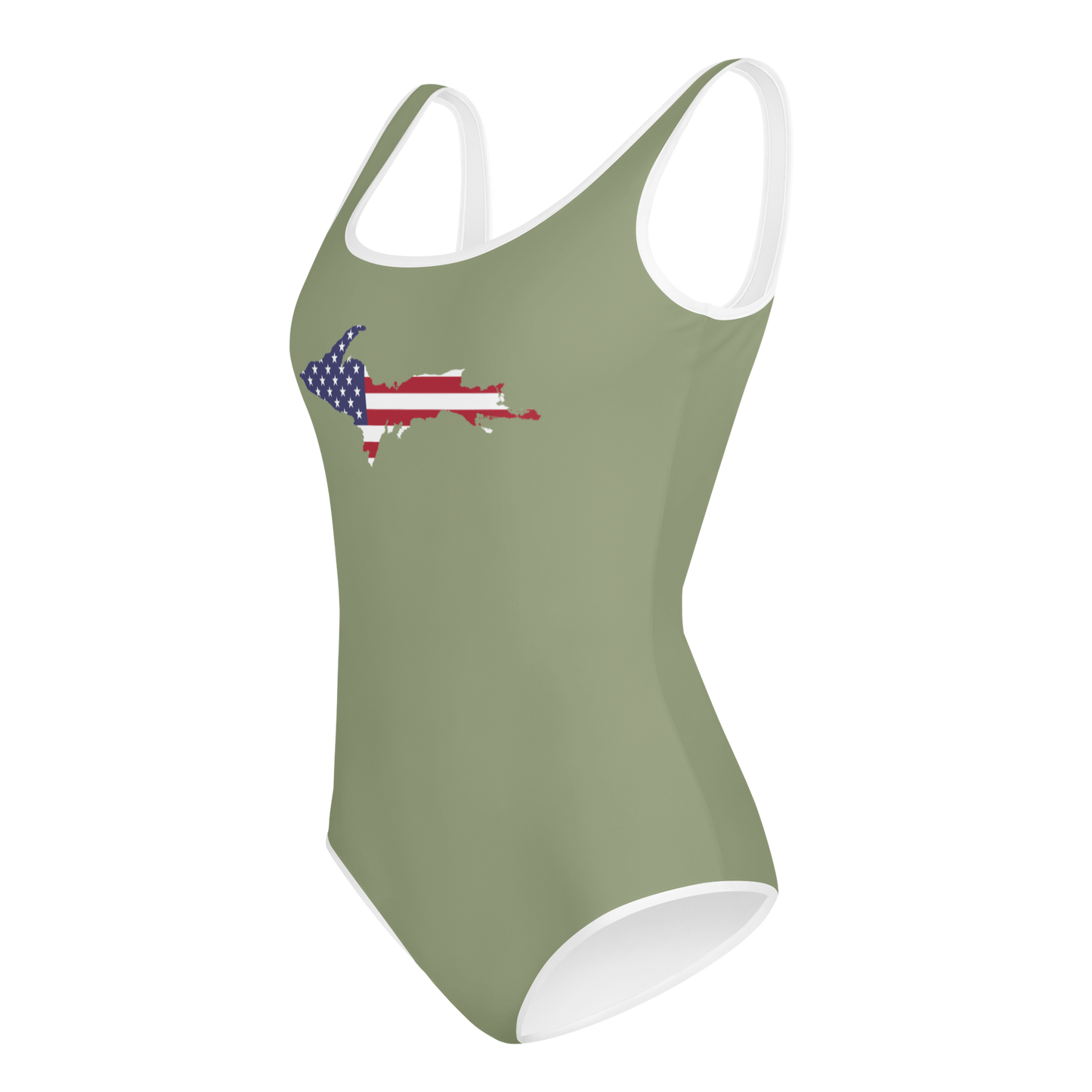 Michigan Upper Peninsula Youth Swimsuit (w/ UP Outline) | Beachgrass Green