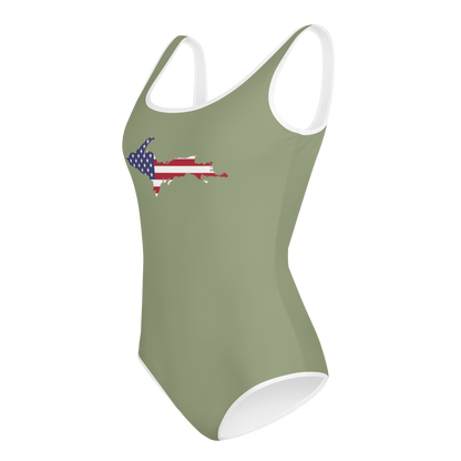 Michigan Upper Peninsula Youth Swimsuit (w/ UP Outline) | Beachgrass Green