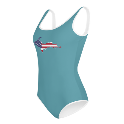 Michigan Upper Peninsula Youth Swimsuit (w/ UP Outline) | Lake Huron Blue