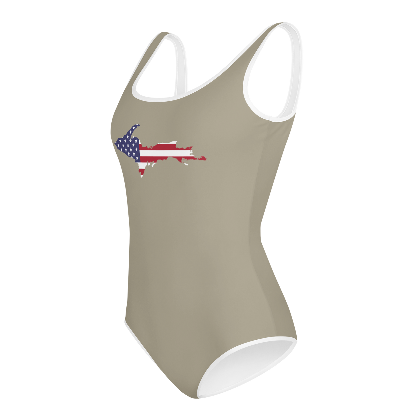 Michigan Upper Peninsula Youth Swimsuit (w/ UP Outline) | Petoskey Stone Beige