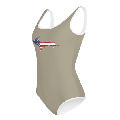 Michigan Upper Peninsula Youth Swimsuit (w/ UP Outline) | Petoskey Stone Beige