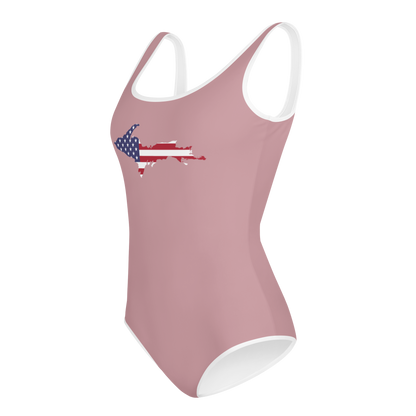 Michigan Upper Peninsula Youth Swimsuit (w/ UP Outline) | Cherry Blossom Pink