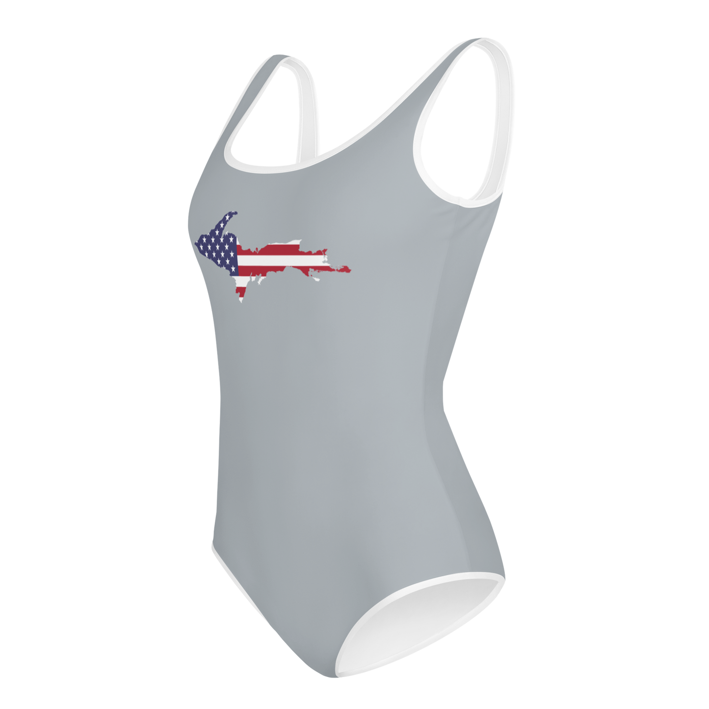 Michigan Upper Peninsula Youth Swimsuit (w/ UP Outline) | Silver