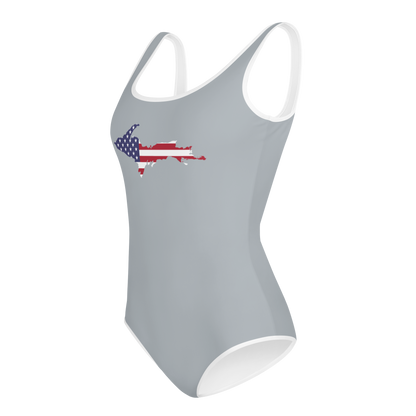 Michigan Upper Peninsula Youth Swimsuit (w/ UP Outline) | Silver