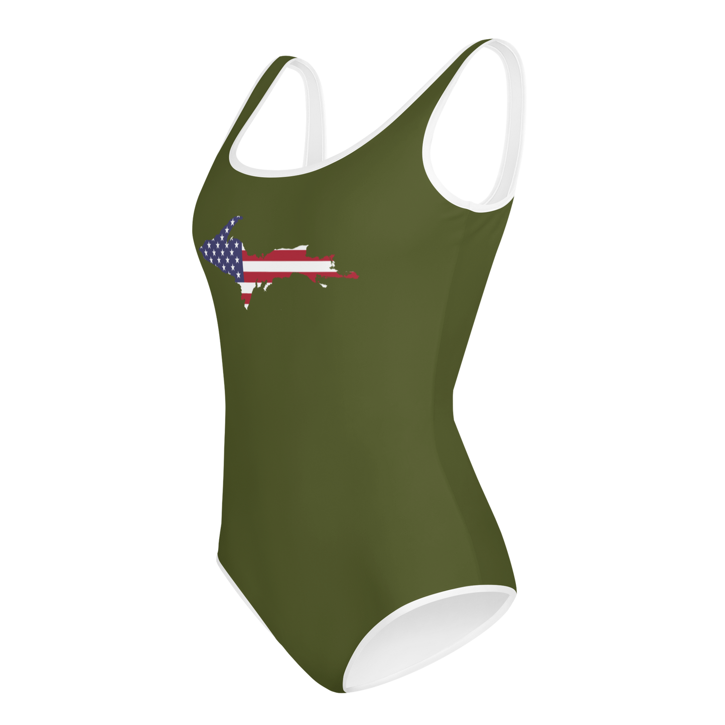 Michigan Upper Peninsula Youth Swimsuit (w/ UP Outline) | Army Green