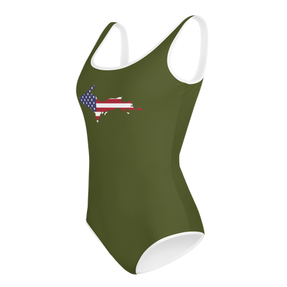 Michigan Upper Peninsula Youth Swimsuit (w/ UP Outline) | Army Green