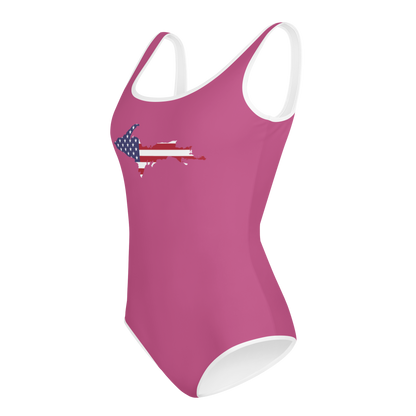 Michigan Upper Peninsula Youth Swimsuit (w/ UP Outline) | Apple Blossom Pink