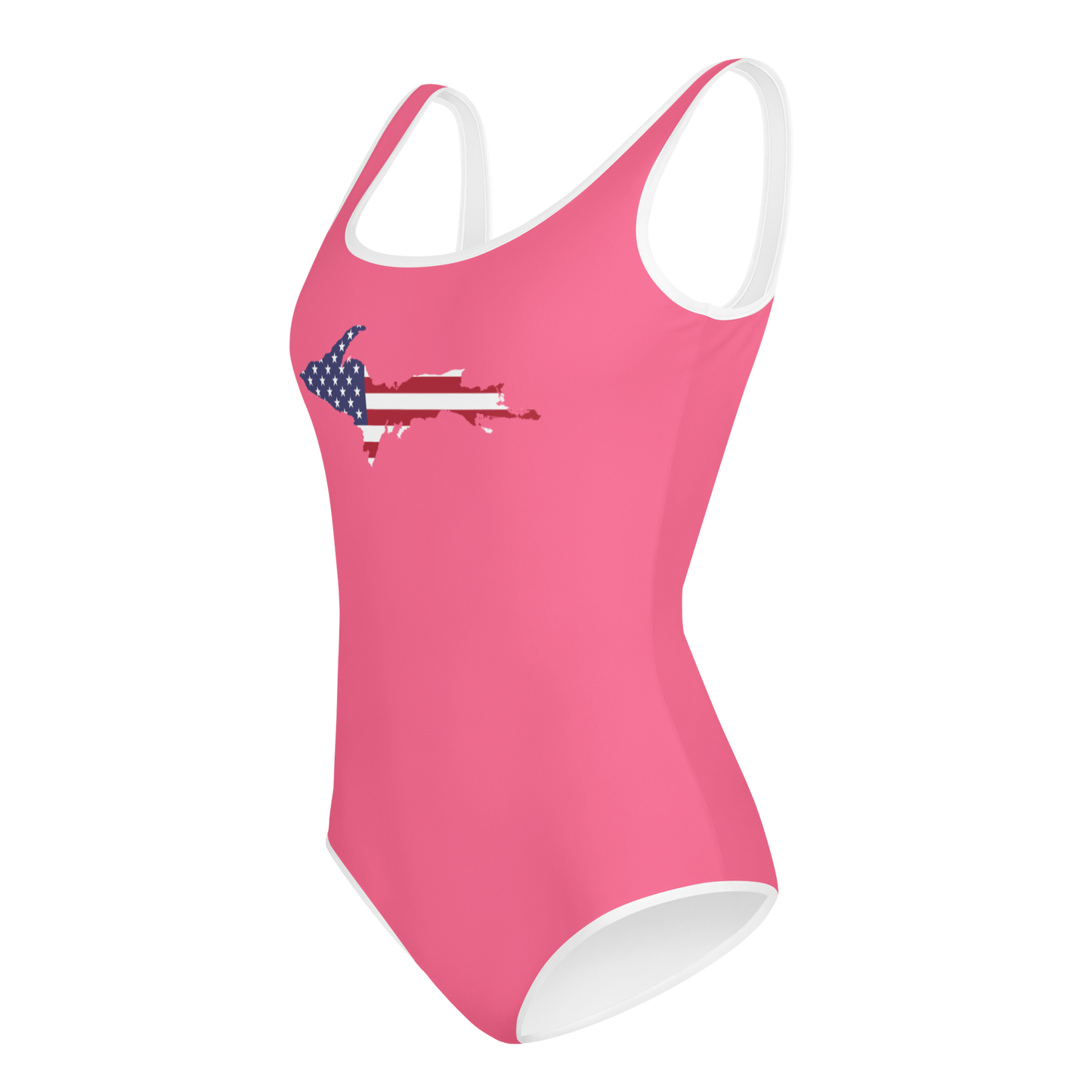 Michigan Upper Peninsula Youth Swimsuit (w/ UP Outline) | Rhodochrosite Pink