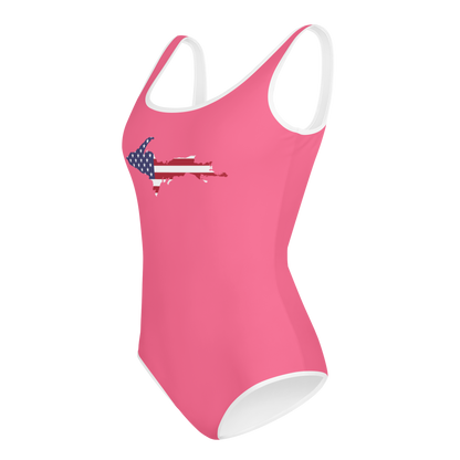 Michigan Upper Peninsula Youth Swimsuit (w/ UP Outline) | Rhodochrosite Pink