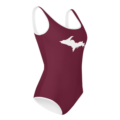 Michigan Upper Peninsula Youth Swimsuit (w/ UP Outline) | Old Mission Burgundy