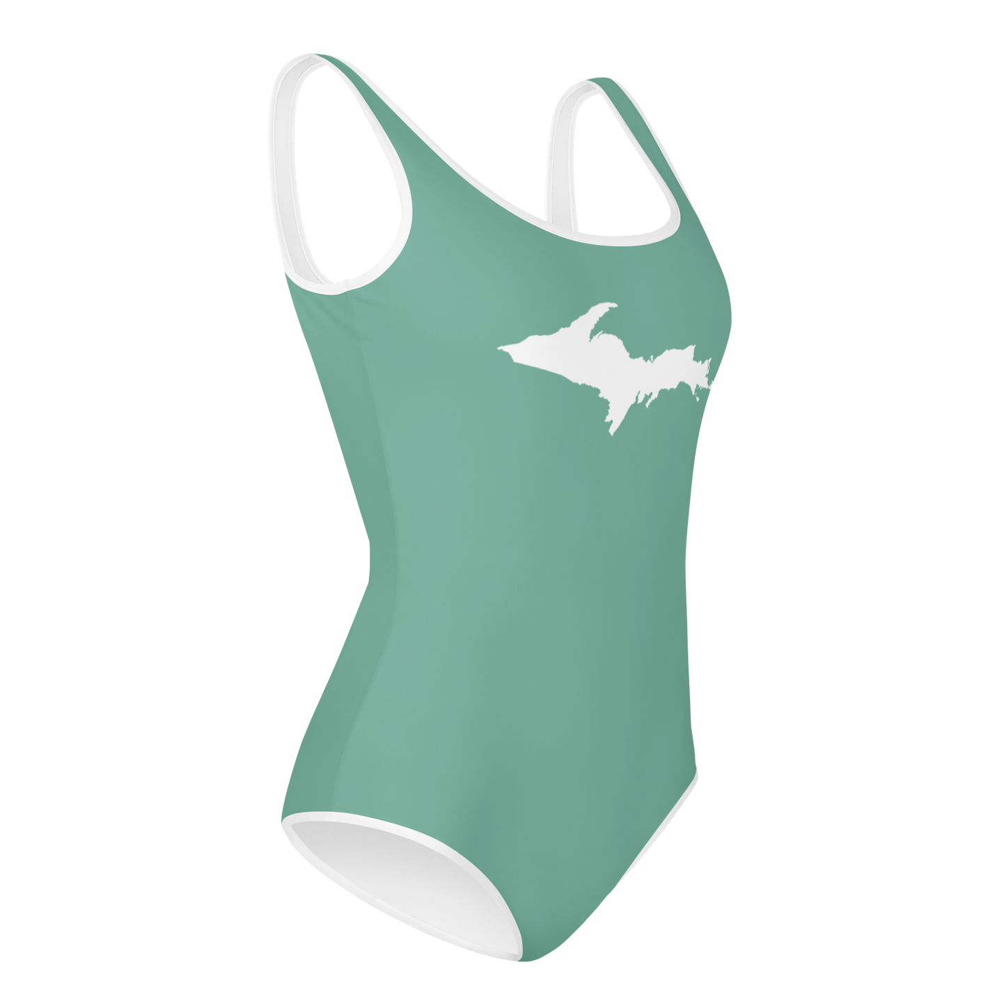 Michigan Upper Peninsula Youth Swimsuit (w/ UP Outline) | Metallic Mint Green