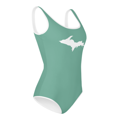 Michigan Upper Peninsula Youth Swimsuit (w/ UP Outline) | Metallic Mint Green