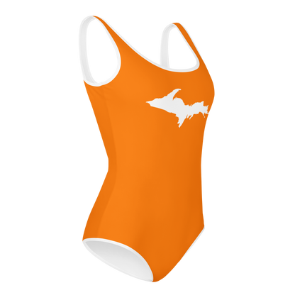 Michigan Upper Peninsula Youth Swimsuit (w/ UP Outline) | Safety Orange