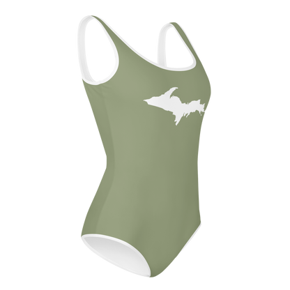 Michigan Upper Peninsula Youth Swimsuit (w/ UP Outline) | Beachgrass Green