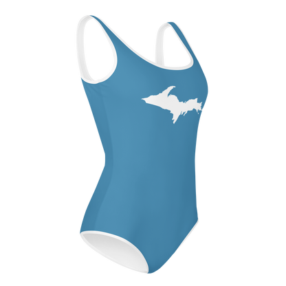 Michigan Upper Peninsula Youth Swimsuit (w/ UP Outline) | Lake Michigan Blue