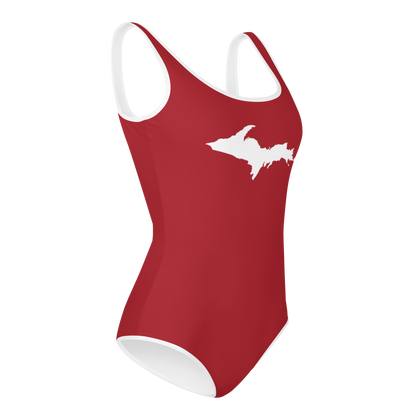 Michigan Upper Peninsula Youth Swimsuit (w/ UP Outline) | Thimbleberry Red