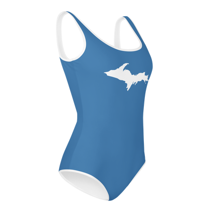 Michigan Upper Peninsula Youth Swimsuit (w/ UP Outline) | Lake Superior Blue