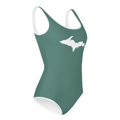 Michigan Upper Peninsula Youth Swimsuit (w/ UP Outline) | Copper Green