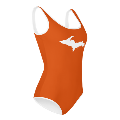 Michigan Upper Peninsula Youth Swimsuit (w/ UP Outline) | Maple Leaf Orange