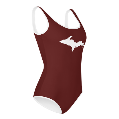 Michigan Upper Peninsula Youth Swimsuit (w/ UP Outline) | Cherrywood Color