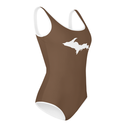 Michigan Upper Peninsula Youth Swimsuit (w/ UP Outline) | Coffee Color