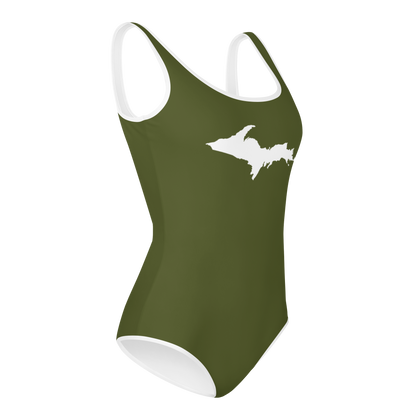 Michigan Upper Peninsula Youth Swimsuit (w/ UP Outline) | Army Green