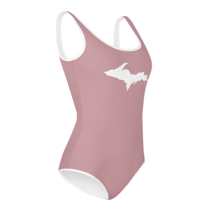 Michigan Upper Peninsula Youth Swimsuit (w/ UP Outline) | Cherry Blossom Pink