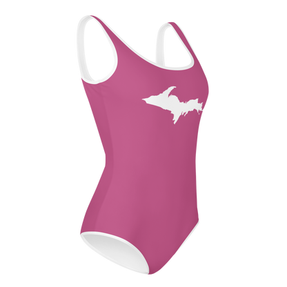 Michigan Upper Peninsula Youth Swimsuit (w/ UP Outline) | Apple Blossom Pink