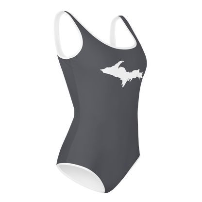 Michigan Upper Peninsula Youth Swimsuit (w/ UP Outline) | Iron Ore Grey