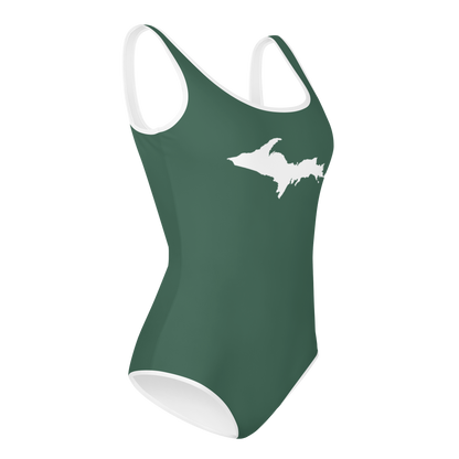 Michigan Upper Peninsula Youth Swimsuit (w/ UP Outline) | Ginger Ale Green