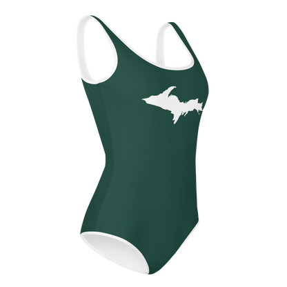 Michigan Upper Peninsula Youth Swimsuit (w/ UP Outline) | Laconic Green