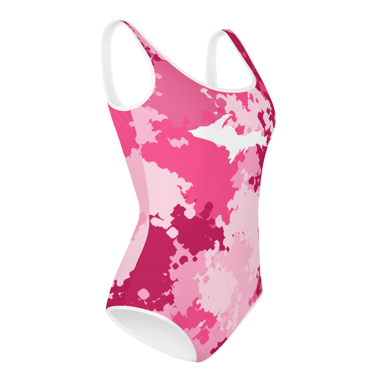 Michigan Upper Peninsula Youth Swimsuit (w/ UP Outline) | Pink Camo