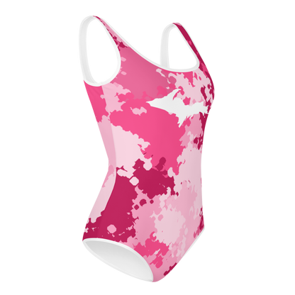 Michigan Upper Peninsula Youth Swimsuit (w/ UP Outline) | Pink Camo