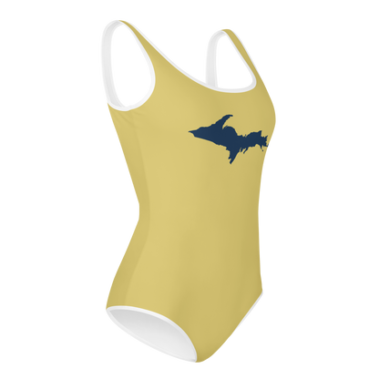 Michigan Upper Peninsula Youth Swimsuit (w/ UP Outline) | Plum Yellow