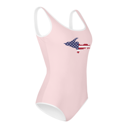 Michigan Upper Peninsula Youth Swimsuit (w/ UP USA Flag) | Pale Pink