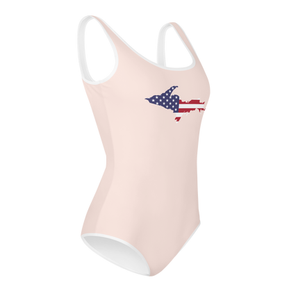 Michigan Upper Peninsula Youth Swimsuit (w/ UP Outline) | Champagne Pink