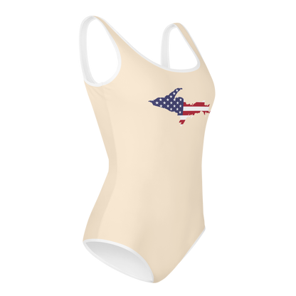 Michigan Upper Peninsula Youth Swimsuit (w/ UP Outline) | Champagne White